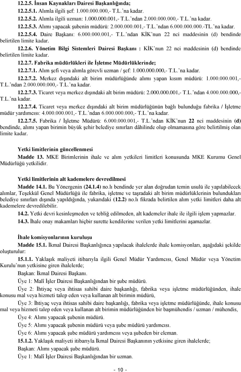 12.2.6. Yönetim Bilgi Sistemleri Dairesi Başkanı : KİK nun 22 nci maddesinin (d) bendinde belirtilen limite kadar. 12.2.7. Fabrika müdürlükleri ile İşletme Müdürlüklerinde; 12.2.7.1. Alım şefi veya alımla görevli uzman / şef: 1.