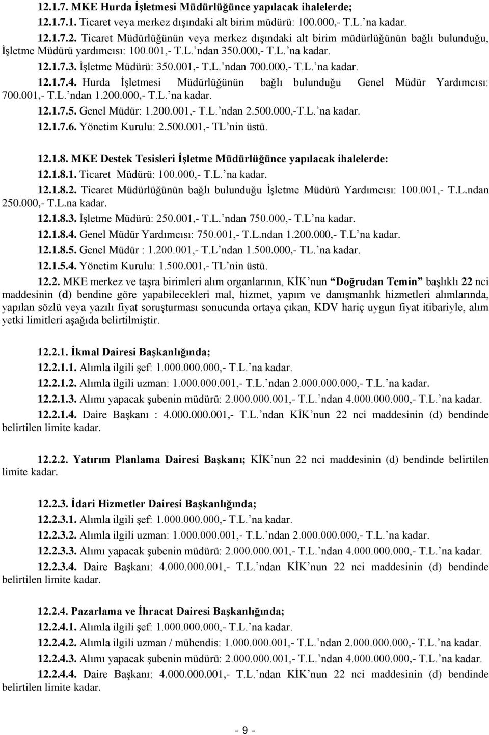 001,- T.L. ndan 1.200.000,- T.L. na kadar. 12.1.7.5. Genel Müdür: 1.200.001,- T.L. ndan 2.500.000,-T.L. na kadar. 12.1.7.6. Yönetim Kurulu: 2.500.001,- TL nin üstü. 12.1.8.