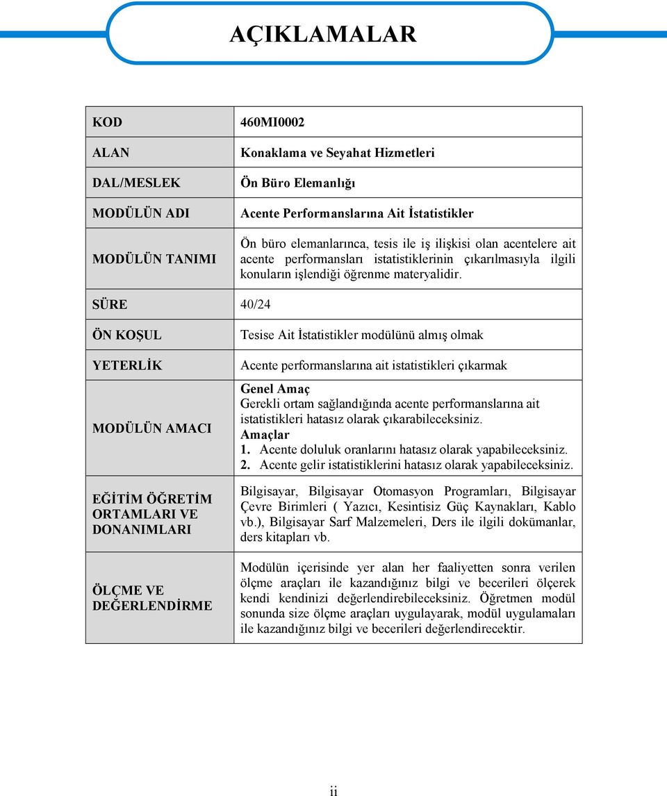 SÜRE 40/24 ÖN KOŞUL YETERLİK MODÜLÜN AMACI EĞİTİM ÖĞRETİM ORTAMLARI VE DONANIMLARI ÖLÇME VE DEĞERLENDİRME Tesise Ait İstatistikler modülünü almış olmak Acente performanslarına ait istatistikleri