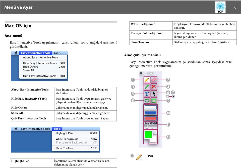 Gizlenmişse, araç çubuğu menüsünü gösterir. Easy Interactive Tools uygulamasını çalıştırdıktan sonra aşağıdaki araç çubuğu menüsü görüntülenir.