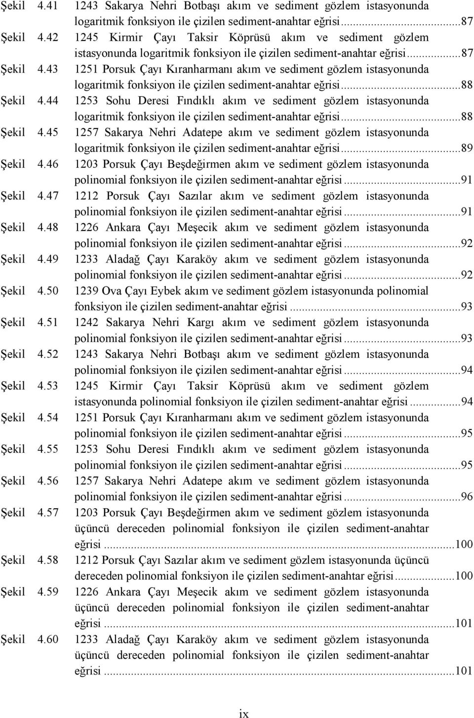 43 1251 Porsuk Çayı Kıranharmanı akım ve sediment gözlem istasyonunda logaritmik fonksiyon ile çizilen sediment-anahtar eğrisi... 88 Şekil 4.