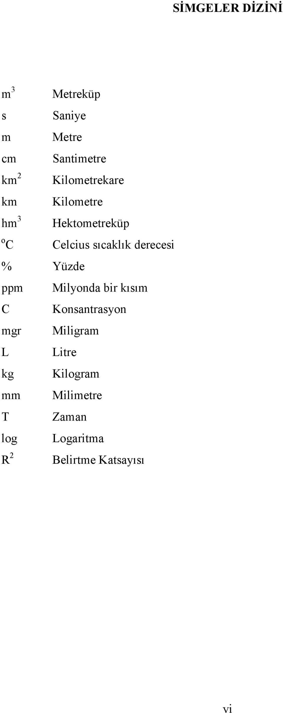 derecesi % Yüzde ppm Milyonda bir kısım C Konsantrasyon mgr Miligram L