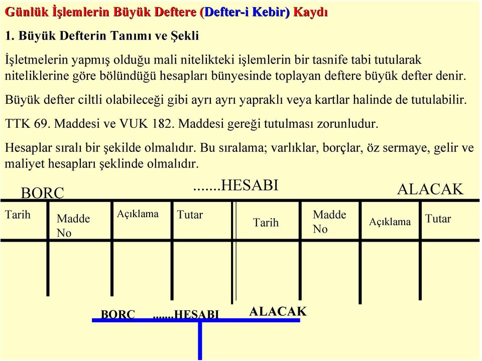 bünyesinde toplayan deftere büyük defter denir. Büyük defter ciltli olabileceği gibi ayrı ayrı yapraklı veya kartlar halinde de tutulabilir. TTK 69.