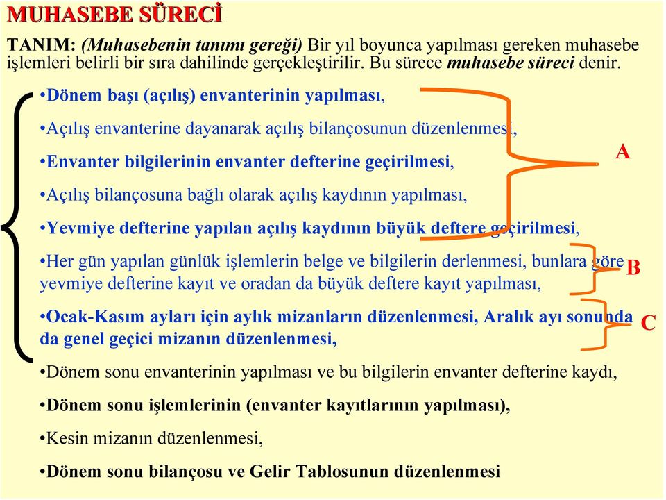 açılış kaydının yapılması, Yevmiye defterine yapılan açılış kaydının büyük deftere geçirilmesi, Her gün yapılan günlük işlemlerin belge ve bilgilerin derlenmesi, bunlara göre yevmiye defterine kayıt