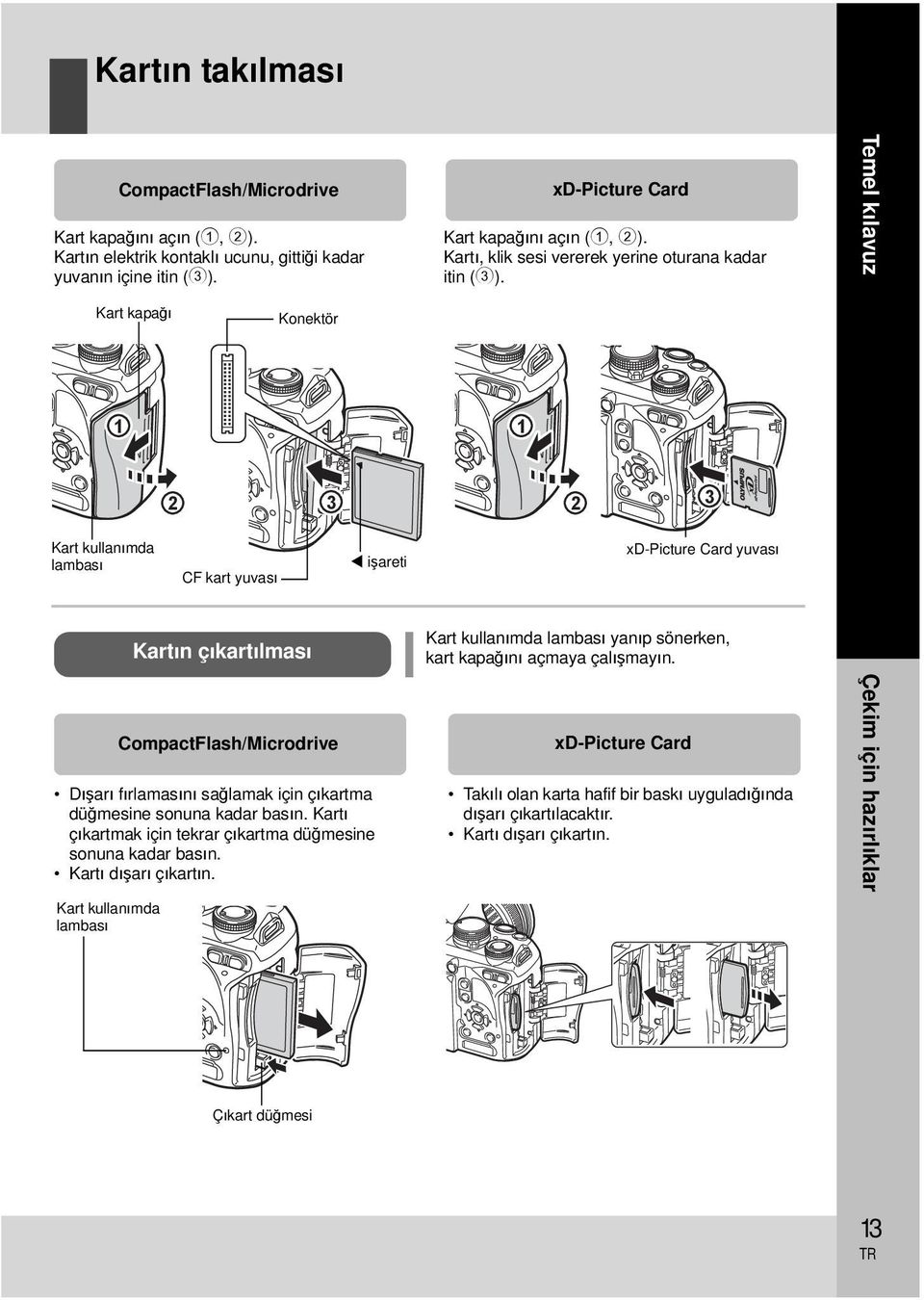 Temel kılavuz Kart kapağı Konektör 1 1 2 3 2 3 Kart kullanımda lambası CF kart yuvası işareti xd-picture Card yuvası Kartın çıkartılması CompactFlash/Microdrive Dışarı fırlamasını sağlamak için