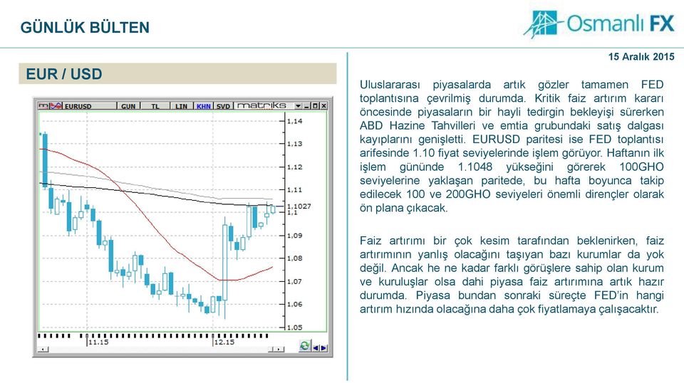 EURUSD paritesi ise FED toplantısı arifesinde 1.10 fiyat seviyelerinde işlem görüyor. Haftanın ilk işlem gününde 1.