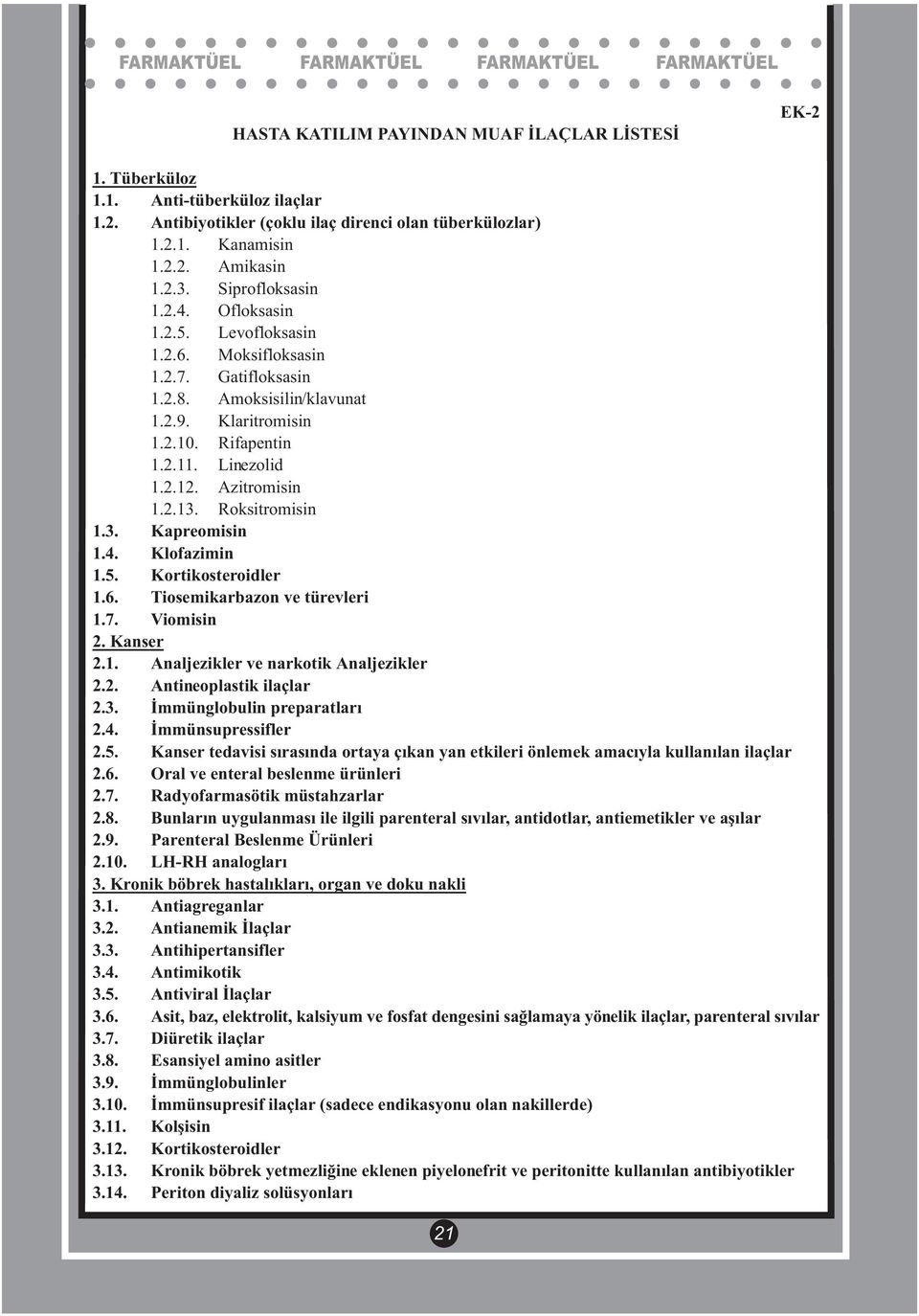 Azitromisin 1.2.13. Roksitromisin 1.3. Kapreomisin 1.4. Klofazimin 1.5. Kortikosteroidler 1.6. Tiosemikarbazon ve türevleri 1.7. Viomisin 2. Kanser 2.1. Analjezikler ve narkotik Analjezikler 2.2. Antineoplastik ilaçlar 2.