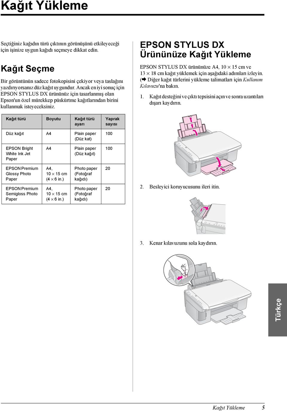 Ancak en iyi sonuç için EPSON STYLUS DX ürününüz için tasarlanmış olan Epson'un özel mürekkep püskürtme kağıtlarından birini kullanmak isteyeceksiniz.