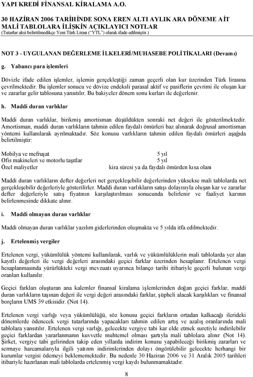 Bu işlemler sonucu ve dövize endeksli parasal aktif ve pasiflerin çevrimi ile oluşan kar ve zararlar gelir tablosuna yansıtılır. Bu bakiyeler dönem sonu kurlarıile değerlenir. h.