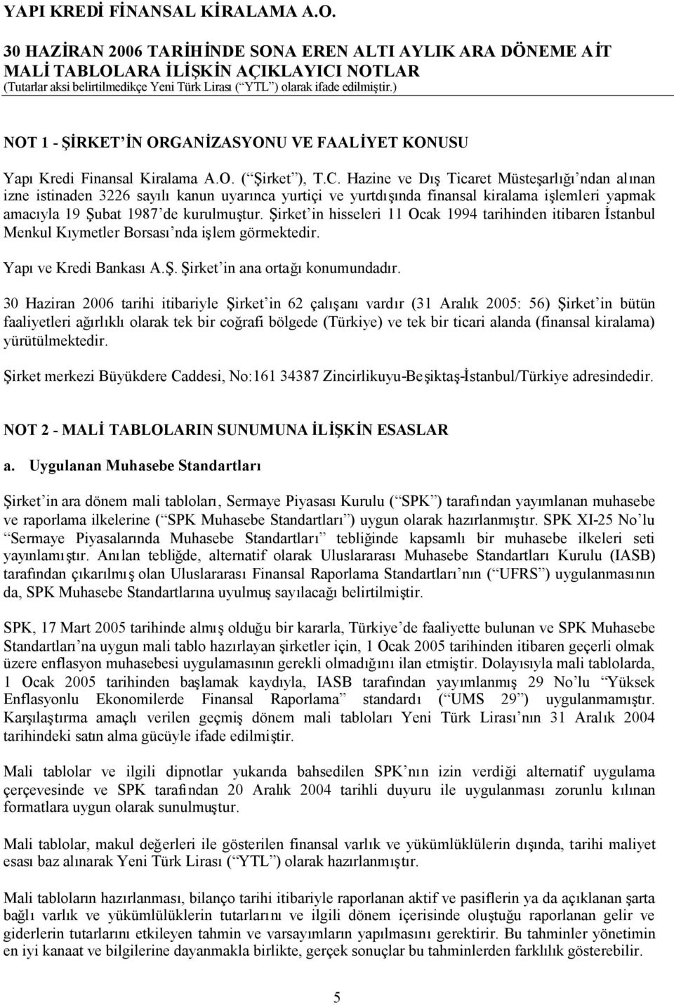 Şirket in hisseleri 11 Ocak 1994 tarihinden itibaren İstanbul Menkul Kıymetler Borsası nda işlem görmektedir. Yapıve Kredi BankasıA.Ş. Şirket in ana ortağıkonumundadır.