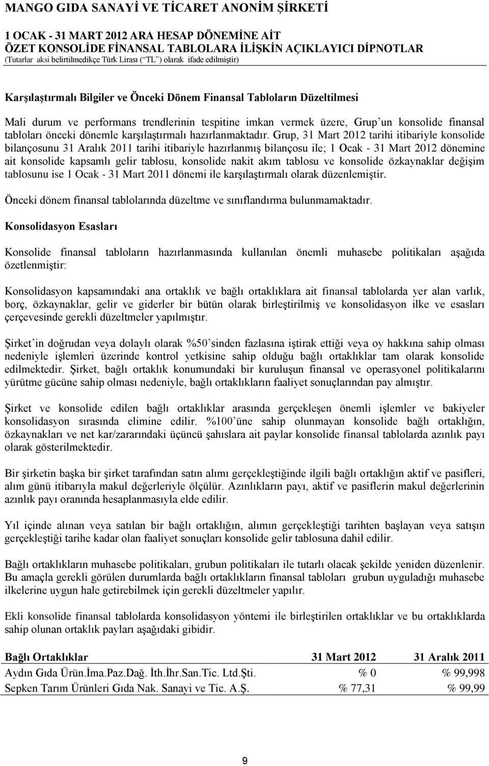 Grup, 31 Mart 2012 tarihi itibariyle konsolide bilançosunu 31 Aralık 2011 tarihi itibariyle hazırlanmış bilançosu ile; 1 Ocak - 31 Mart 2012 dönemine ait konsolide kapsamlı gelir tablosu, konsolide