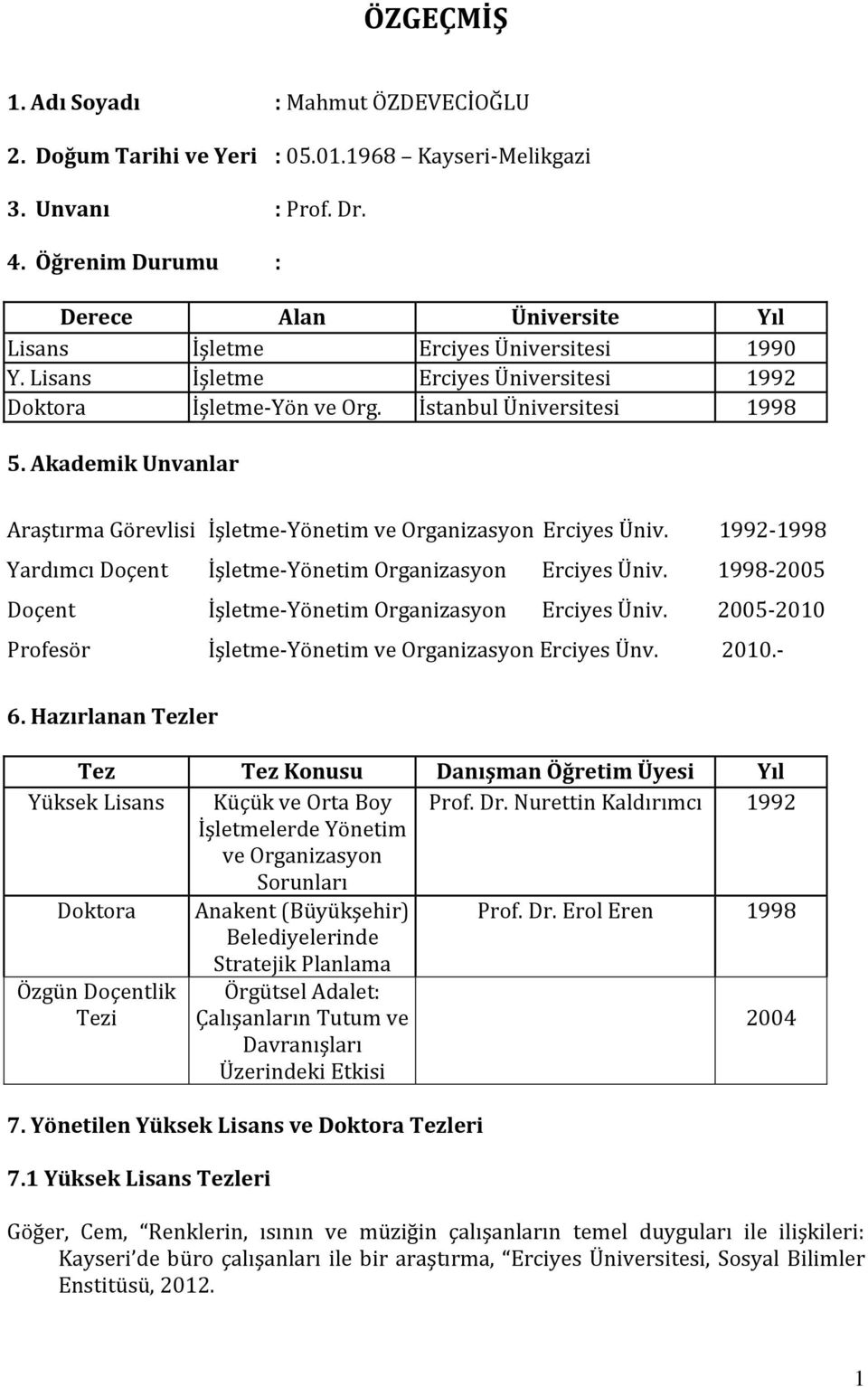 Akademik Unvanlar Araştırma Görevlisi İşletme-Yönetim ve Organizasyon Erciyes Üniv. 1992-1998 Yardımcı Doçent İşletme-Yönetim Organizasyon Erciyes Üniv.