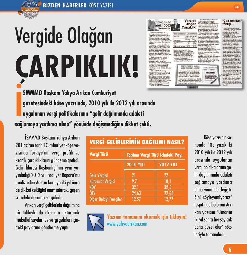 değişmediğine dikkat çekti. İSMMMO Başkanı Yahya Arıkan 20 Haziran tarihli Cumhuriyet köşe yazısında Türkiye nin vergi profili ve kronik çarpıklıklarını gündeme getirdi.