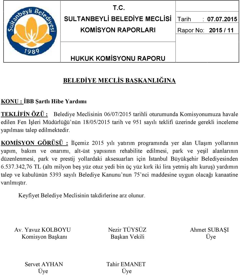 KOMİSYON GÖRÜŞÜ : İlçemiz 2015 yılı yatırım programında yer alan Ulaşım yollarının yapım, bakım ve onarımı, alt-üst yapısının rehabilite edilmesi, park ve yeşil alanlarının düzenlenmesi, park ve