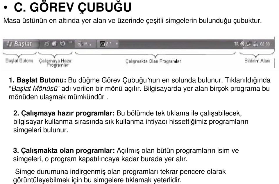 Çalışmaya hazır programlar: Bu bölümde tek tıklama ile çalışabilecek, bilgisayar kullanma sırasında sık kullanma ihtiyacı hissettiğimiz programların simgeleri bulunur. 3.