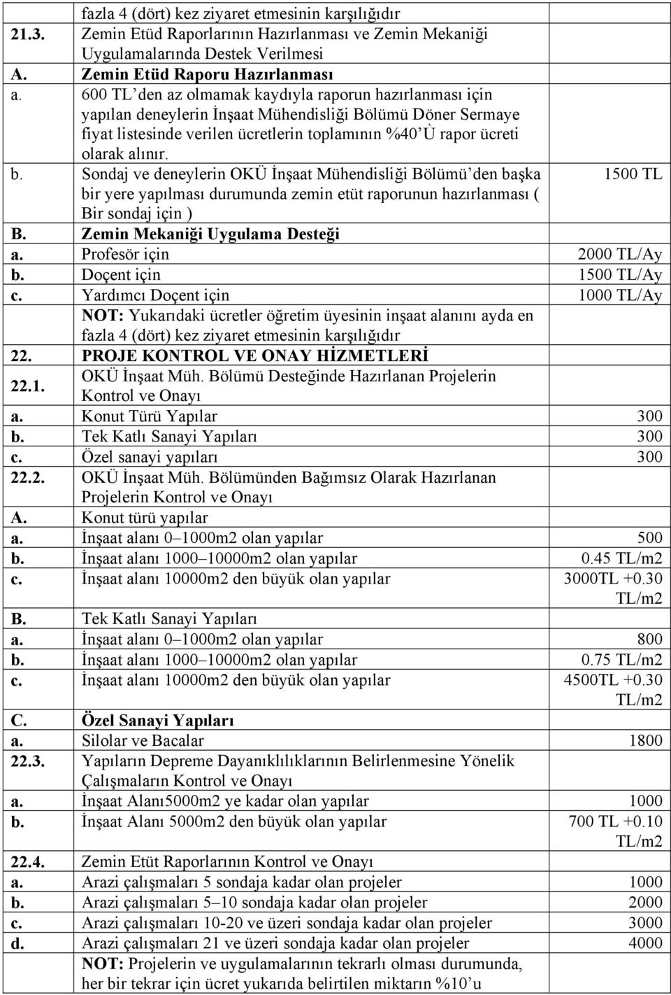 OKÜ İnşaat Mühendisliği Bölümü den başka 1500 TL bir yere yapılması durumunda zemin etüt raporunun hazırlanması ( Bir sondaj için ) B Zemin Mekaniği Uygulama Desteği a Profesör için 2000 TL/Ay b