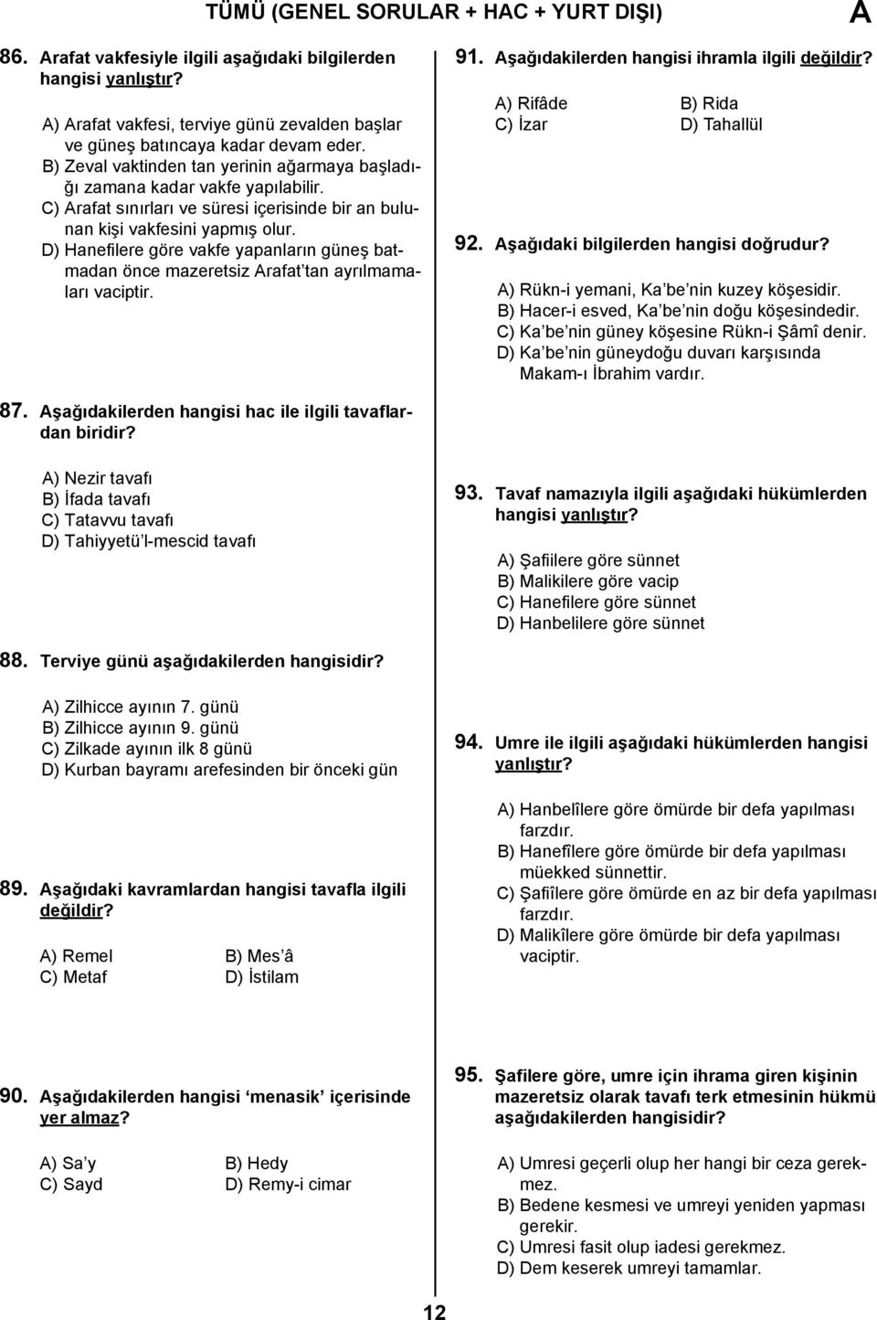 D) Hanefilere göre vakfe yapanların güneş batmadan önce mazeretsiz Arafat tan ayrılmamaları vaciptir. 91. Aşağıdakilerden hangisi ihramla ilgili değildir? A) Rifâde B) Rida C) İzar D) Tahallül 92.