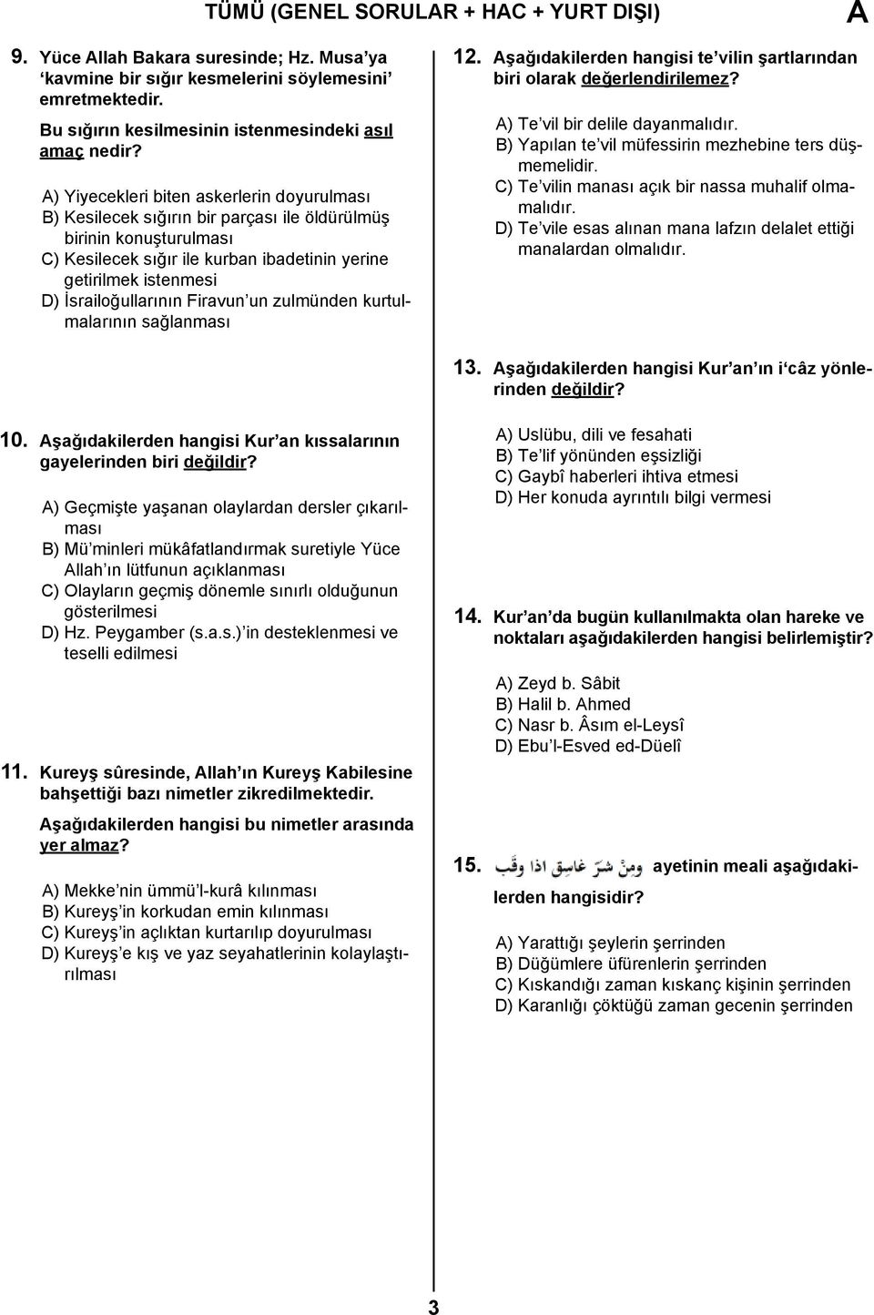 İsrailoğullarının Firavun un zulmünden kurtulmalarının sağlanması 12. Aşağıdakilerden hangisi te vilin şartlarından biri olarak değerlendirilemez? A) Te vil bir delile dayanmalıdır.