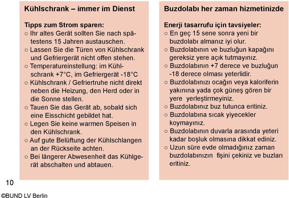 Tauen Sie das Gerät ab, sobald sich eine Eisschicht gebildet hat. Legen Sie keine warmen Speisen in den Kühlschrank. Auf gute Belüftung der Kühlschlangen an der Rückseite achten.