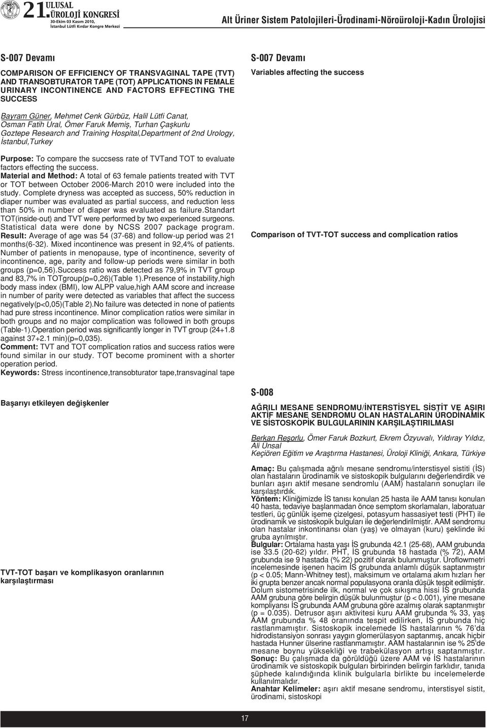 Goztepe Research and Training Hospital,Department of 2nd Urology, stanbul,turkey Purpose: To compare the succsess rate of TVTand TOT to evaluate factors effecting the success.