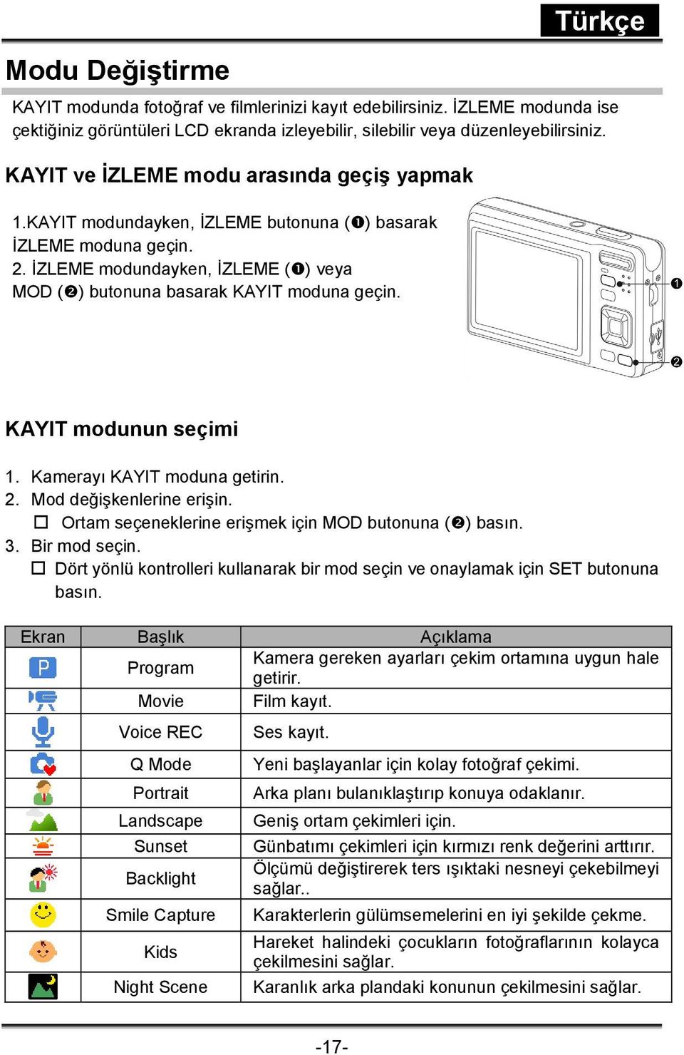 KAYIT modunun seçimi 1. Kamerayı KAYIT moduna getirin. 2. Mod değişkenlerine erişin. Ortam seçeneklerine erişmek için MOD butonuna ( ) basın. 3. Bir mod seçin.