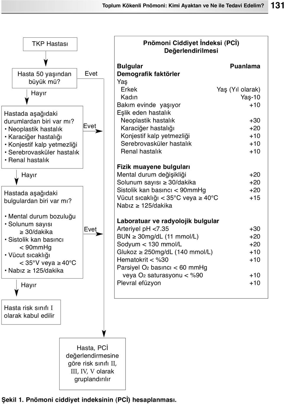 Mental durum bozuluğu Solunum sayısı 30/dakika Sistolik kan basıncı < 90mmHg Vücut sıcaklığı < 35 V veya 40 C Nabız 125/dakika Hayır Hayır Evet Evet Evet Pnömoni Ciddiyet İndeksi (PCİ)