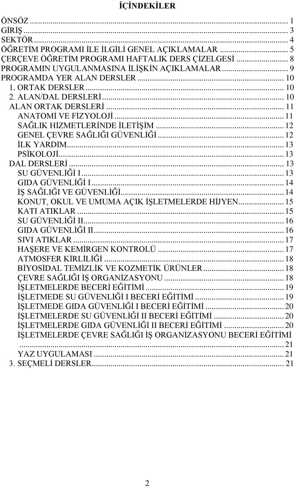 .. 12 GENEL ÇEVRE SAĞLIĞI GÜVENLİĞİ... 12 İLK YARDIM... 13 PSİKOLOJİ... 13 DAL DERSLERİ... 13 SU GÜVENLİĞİ I... 13 GIDA GÜVENLİĞİ I... 14 İŞ SAĞLIĞI VE GÜVENLİĞİ.