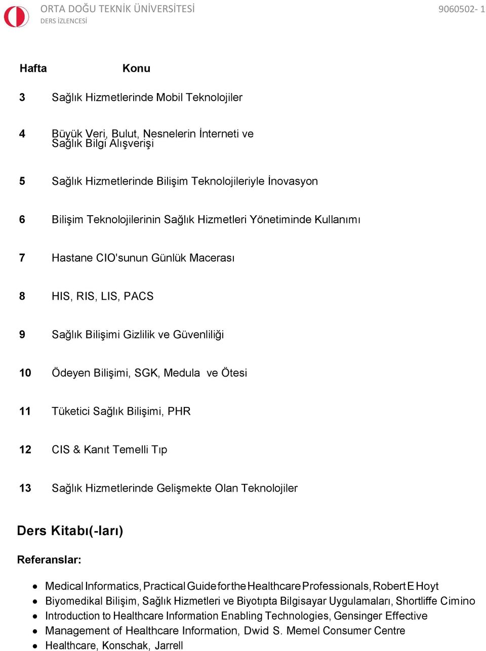 11 Tüketici Sağlık Bilişimi, PHR 12 CIS & Kanıt Temelli Tıp 13 Sağlık Hizmetlerinde Gelişmekte Olan Teknolojiler Ders Kitabı(-ları) Referanslar: Medical Informatics, Practical Guide for the