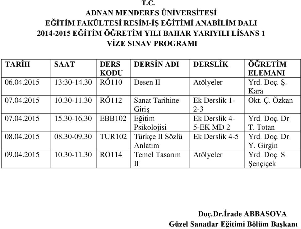 Özkan Giriş 2-3 07.04.2015 15.30-16.30 EBB102 Eğitim Psikolojisi Ek Derslik 4-5-EK MD 2 Yrd. Doç. Dr. T. Totan 08.04.2015 08.