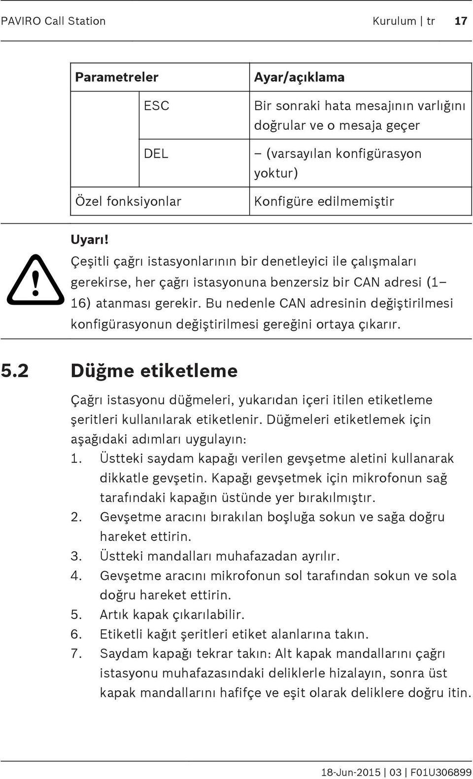 Bu nedenle CAN adresinin değiştirilmesi konfigürasyonun değiştirilmesi gereğini ortaya çıkarır. 5.