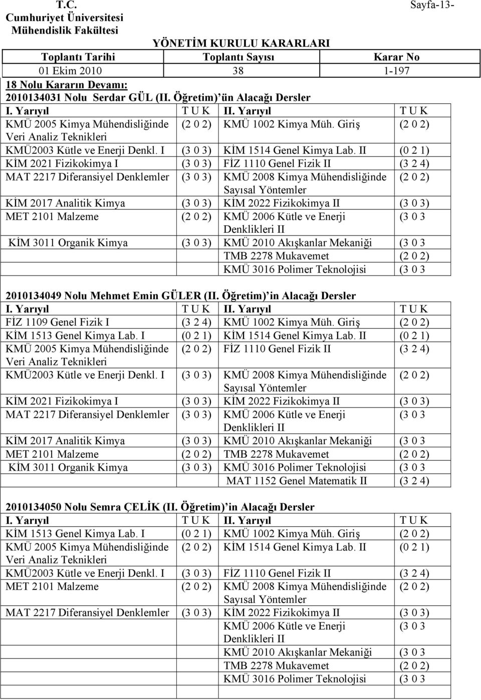 II (0 2 1) KİM 2021 Fizikokimya I (3 0 3) FİZ 1110 Genel Fizik II (3 2 4) MAT 2217 Diferansiyel Denklemler (3 0 3) KMÜ 2008 Kimya Mühendisliğinde (2 0 2) Sayısal Yöntemler KİM 2017 Analitik Kimya (3