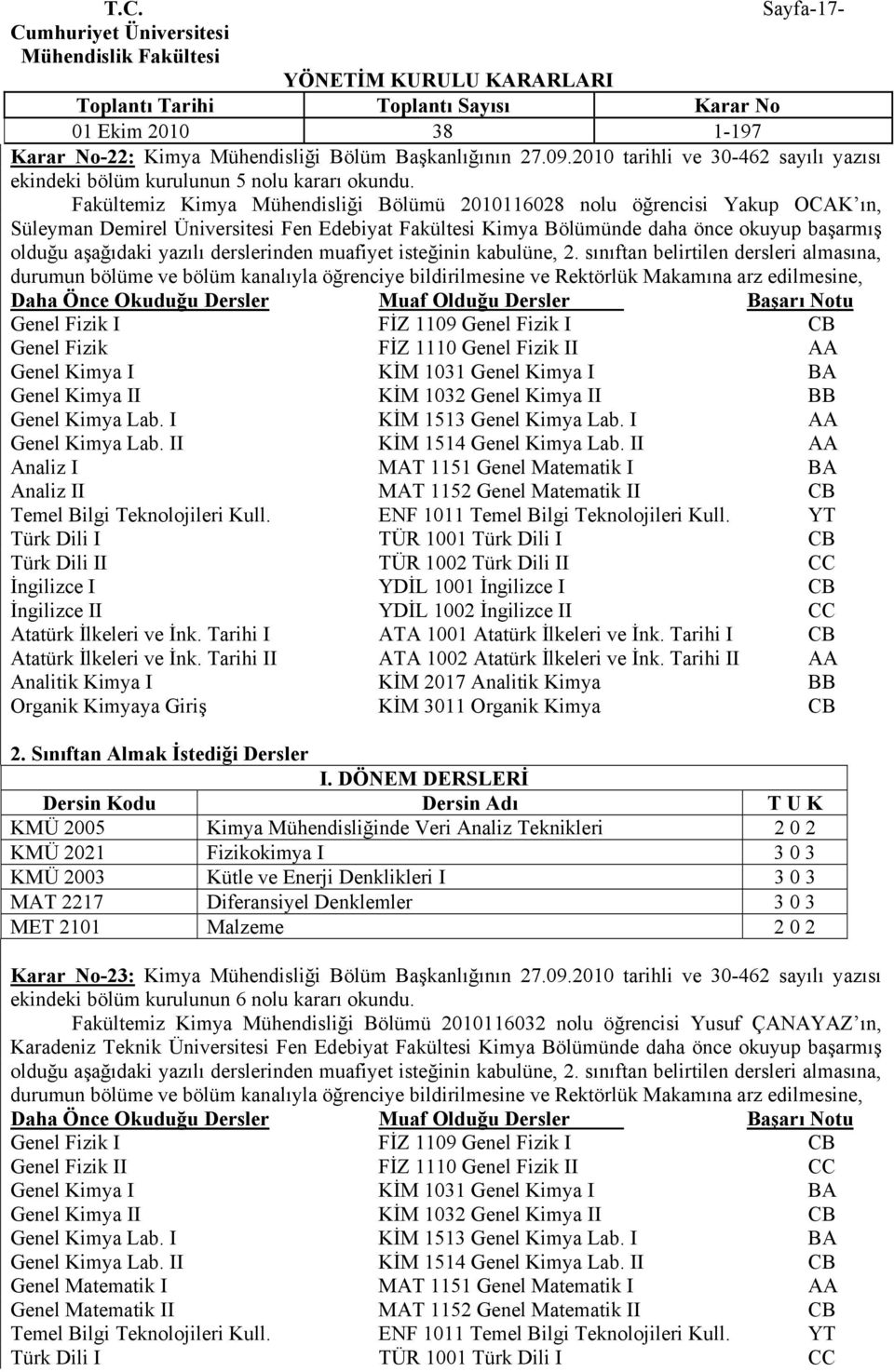 derslerinden muafiyet isteğinin kabulüne, 2.