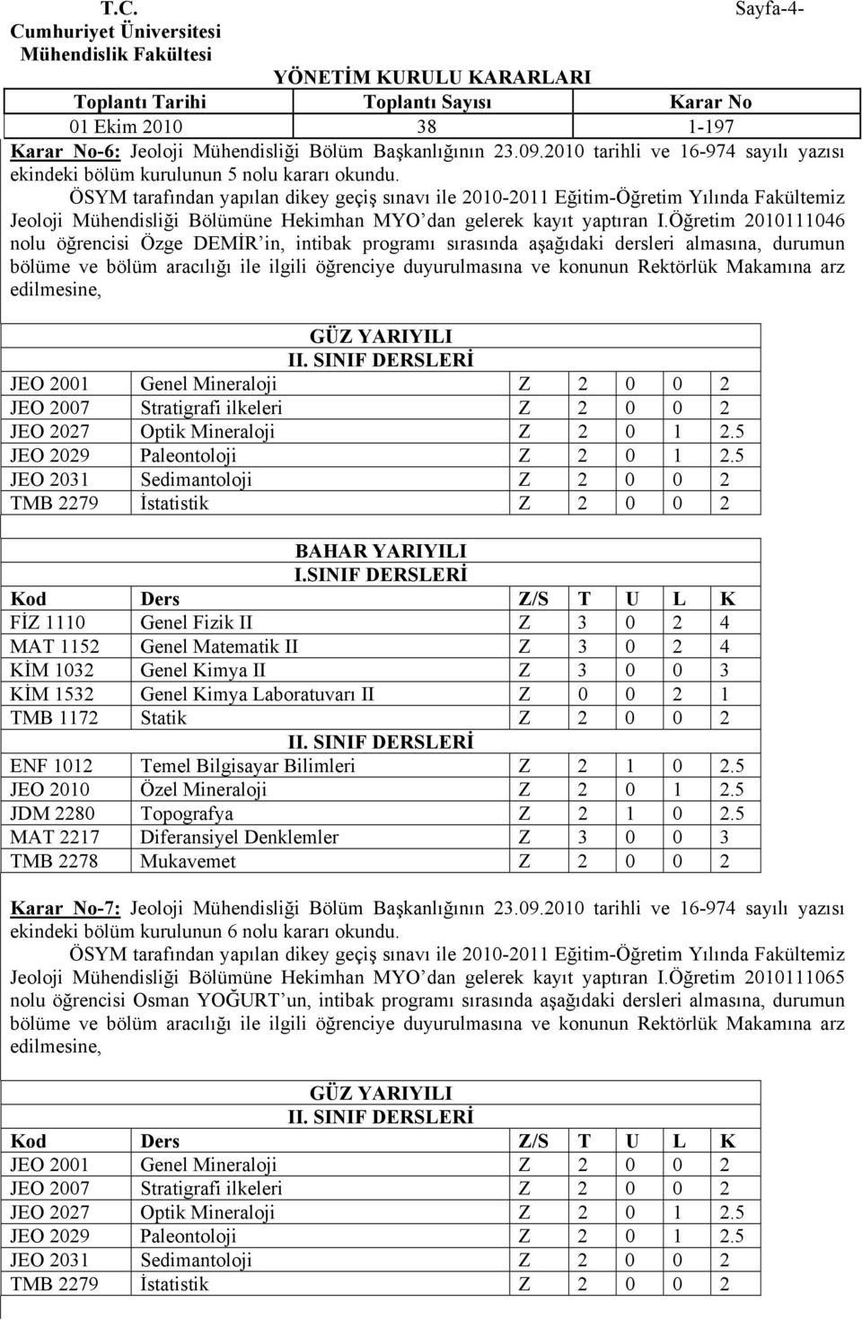 Öğretim 2010111046 nolu öğrencisi Özge DEMİR in, intibak programı sırasında aşağıdaki dersleri almasına, durumun bölüme ve bölüm aracılığı ile ilgili öğrenciye duyurulmasına ve konunun Rektörlük