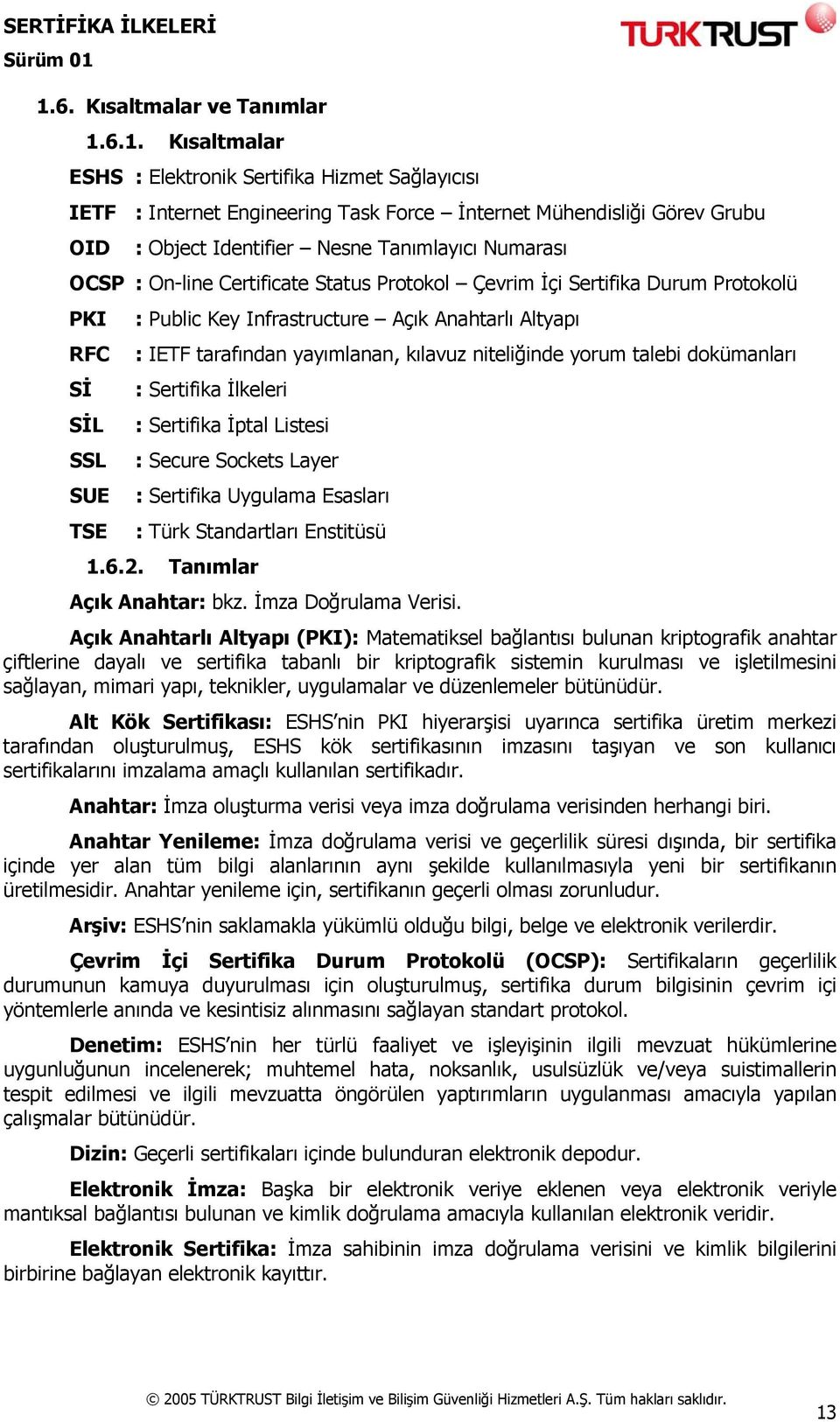 yayımlanan, kılavuz niteliğinde yorum talebi dokümanları : Sertifika İlkeleri : Sertifika İptal Listesi : Secure Sockets Layer : Sertifika Uygulama Esasları : Türk Standartları Enstitüsü 1.6.2.