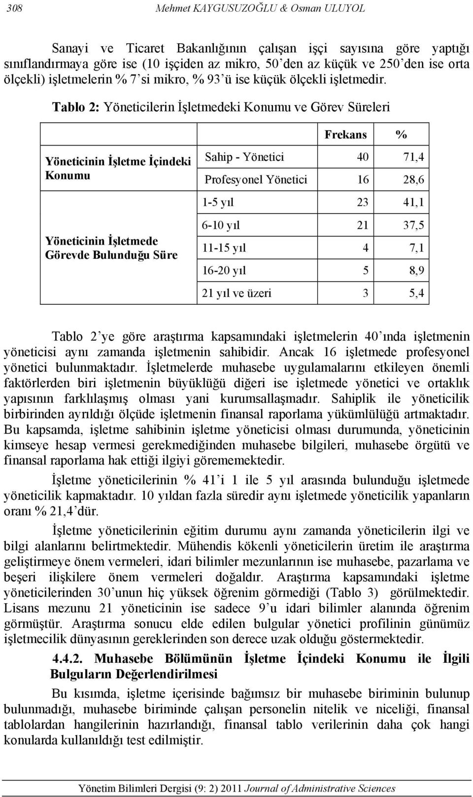 Tablo 2: Yöneticilerin İşletmedeki Konumu ve Görev Süreleri Frekans % Yöneticinin İşletme İçindeki Konumu Sahip - Yönetici 40 71,4 Profesyonel Yönetici 16 28,6 1-5 yıl 23 41,1 Yöneticinin İşletmede