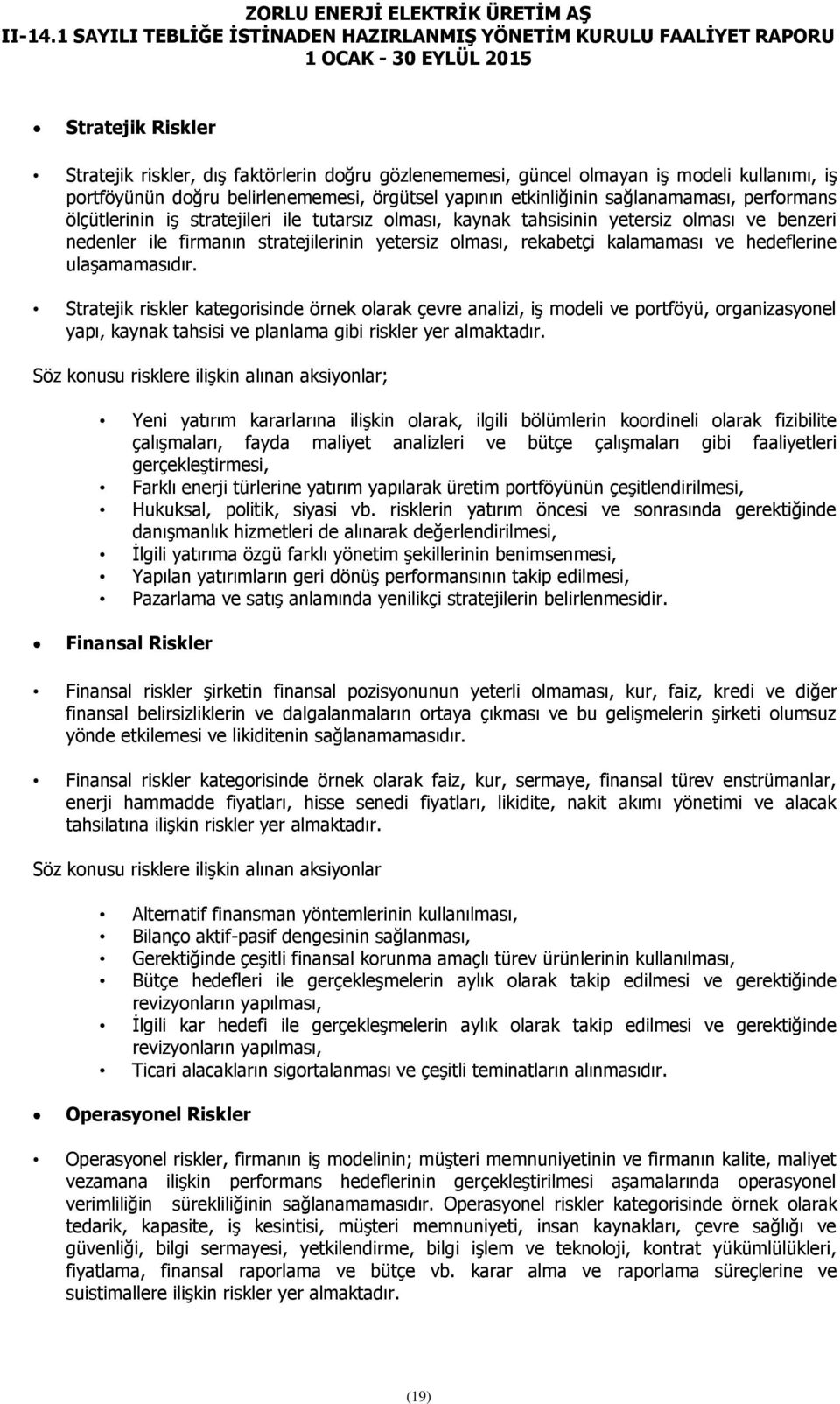 ulaşamamasıdır. Stratejik riskler kategorisinde örnek olarak çevre analizi, iş modeli ve portföyü, organizasyonel yapı, kaynak tahsisi ve planlama gibi riskler yer almaktadır.