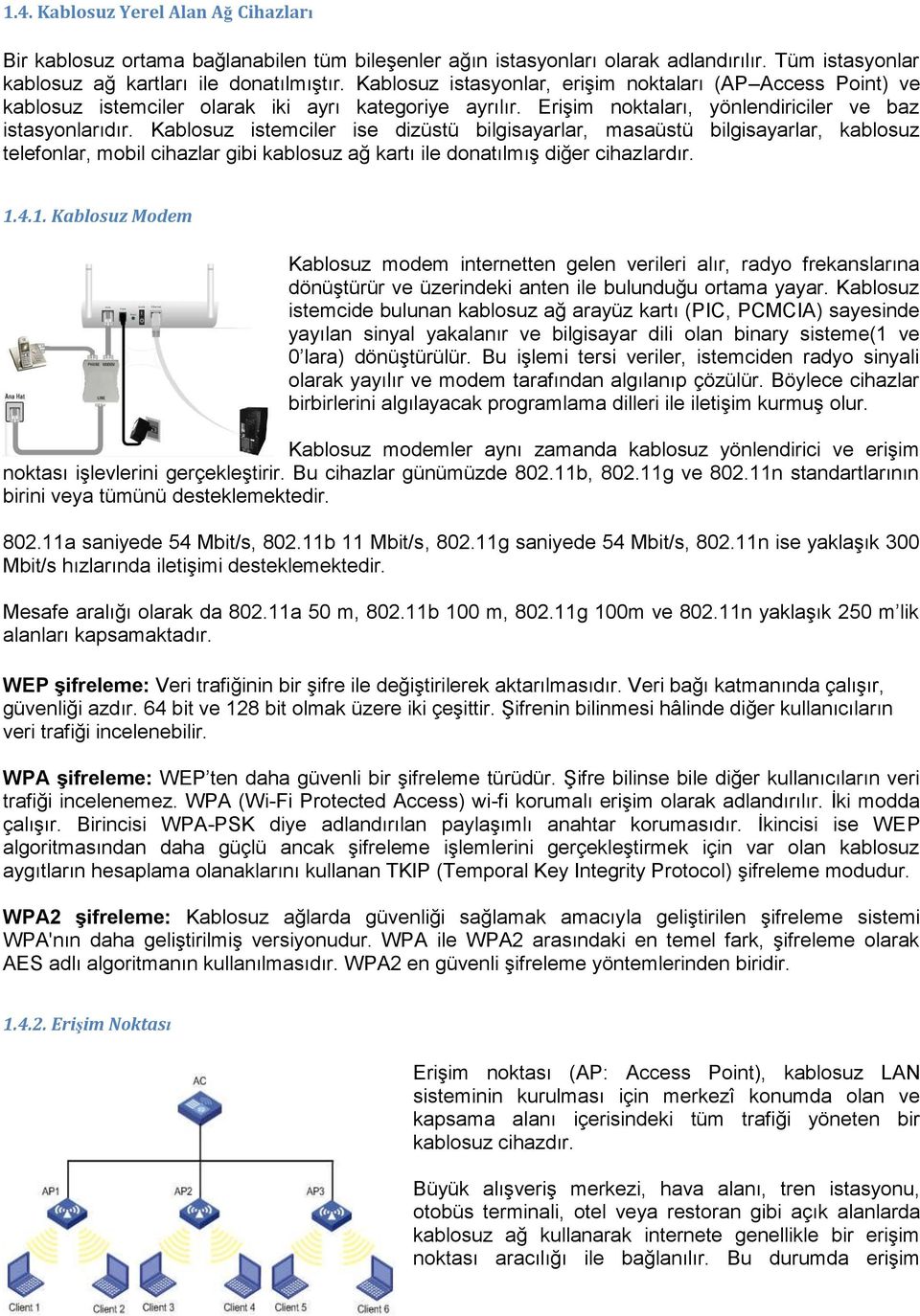 Kablosuz istemciler ise dizüstü bilgisayarlar, masaüstü bilgisayarlar, kablosuz telefonlar, mobil cihazlar gibi kablosuz ağ kartı ile donatılmış diğer cihazlardır. 1.