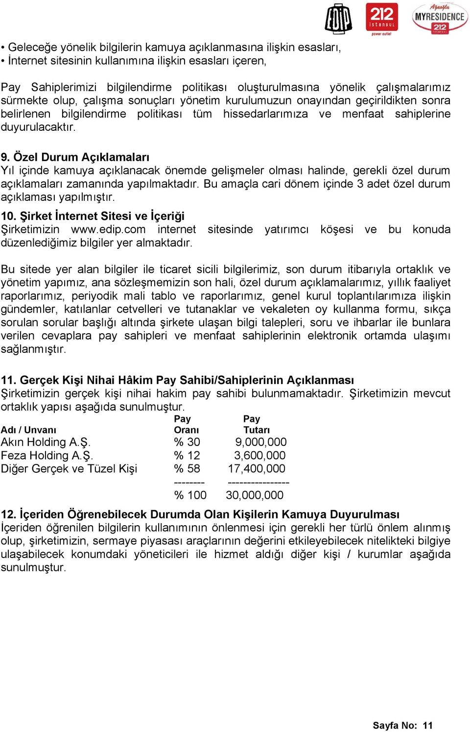 Özel Durum Açıklamaları Yıl içinde kamuya açıklanacak önemde gelişmeler olması halinde, gerekli özel durum açıklamaları zamanında yapılmaktadır.