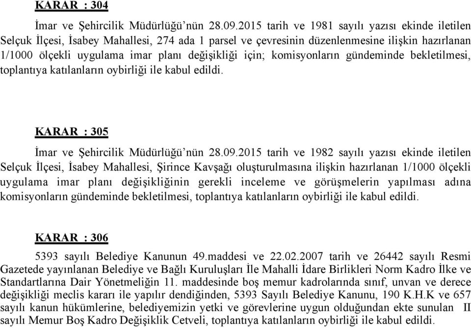 komisyonların gündeminde bekletilmesi, toplantıya katılanların oybirliği ile kabul edildi. KARAR : 305 İmar ve Şehircilik Müdürlüğü nün 28.09.