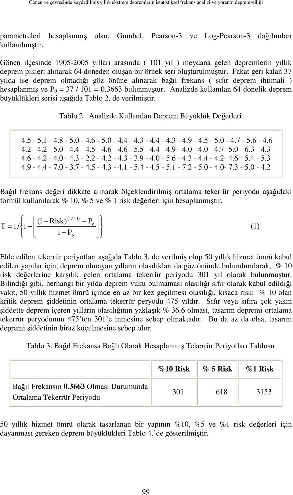 Fakat geri kalan 37 yılda ise deprem olmadığı göz önüne alınarak bağıl frekans ( sıfır deprem ihtimali ) hesaplanmış ve P 0 = 37 / 101 = 0.3663 bulunmuştur.