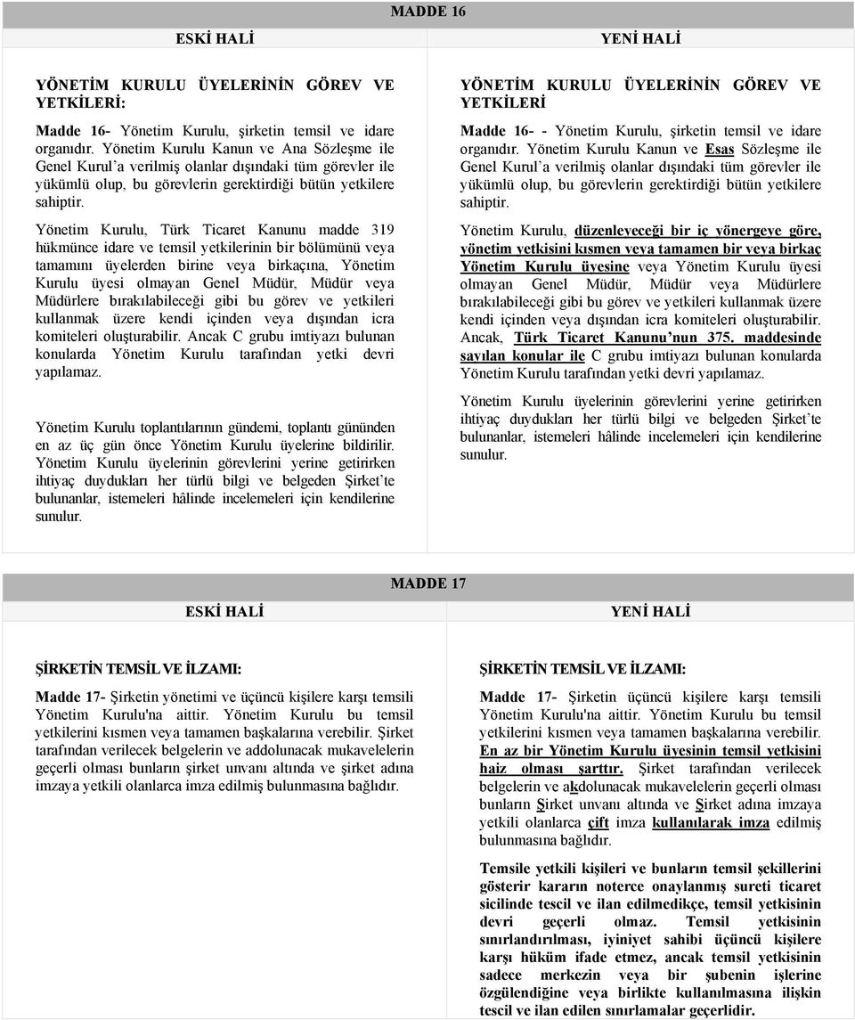 Yönetim Kurulu, Türk Ticaret Kanunu madde 319 hükmünce idare ve temsil yetkilerinin bir bölümünü veya tamamını üyelerden birine veya birkaçına, Yönetim Kurulu üyesi olmayan Genel Müdür, Müdür veya