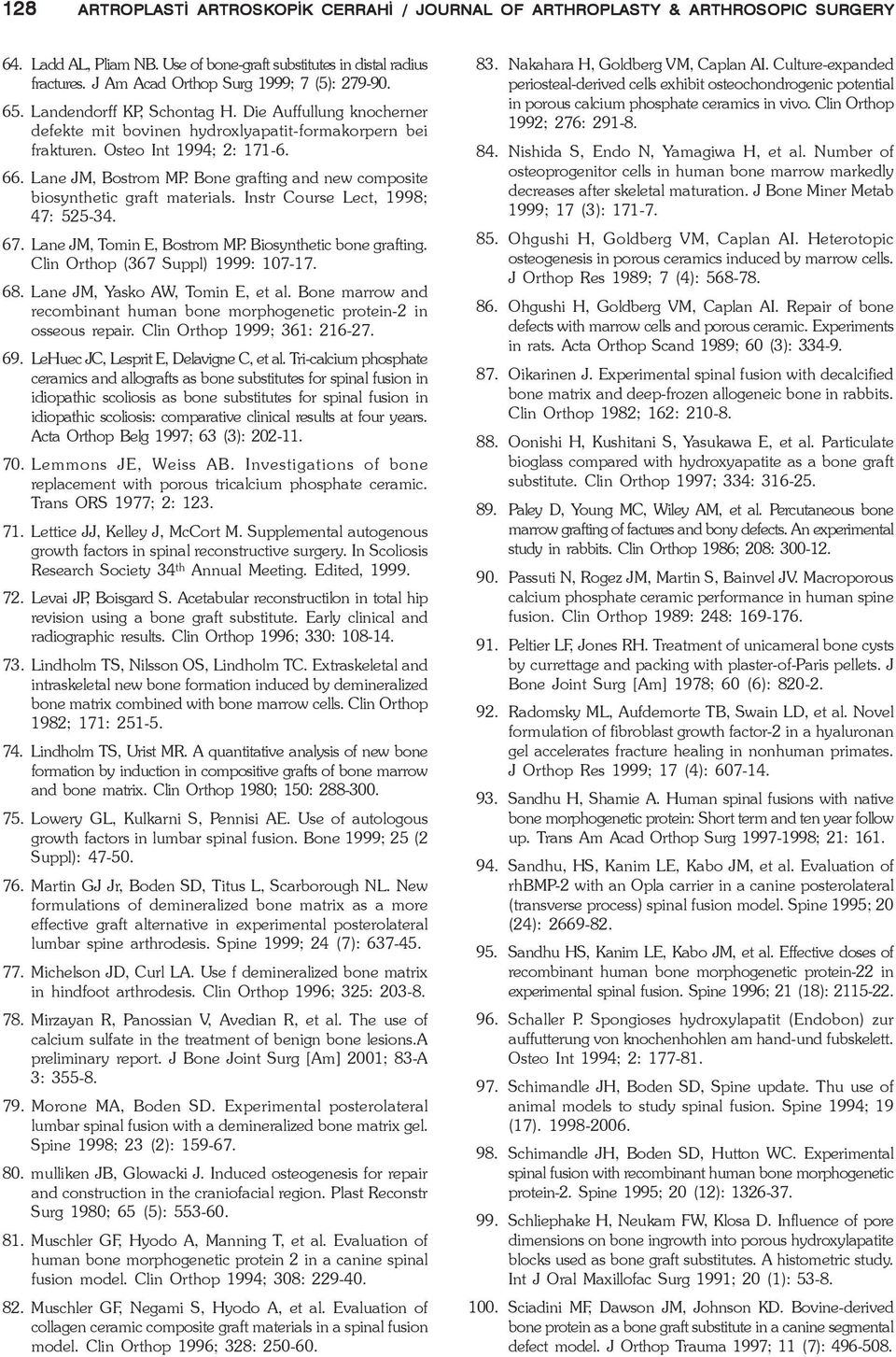 Lane JM, Bostrom MP. Bone grafting and new composite biosynthetic graft materials. Instr Course Lect, 1998; 47: 525-34. 67. Lane JM, Tomin E, Bostrom MP. Biosynthetic bone grafting.