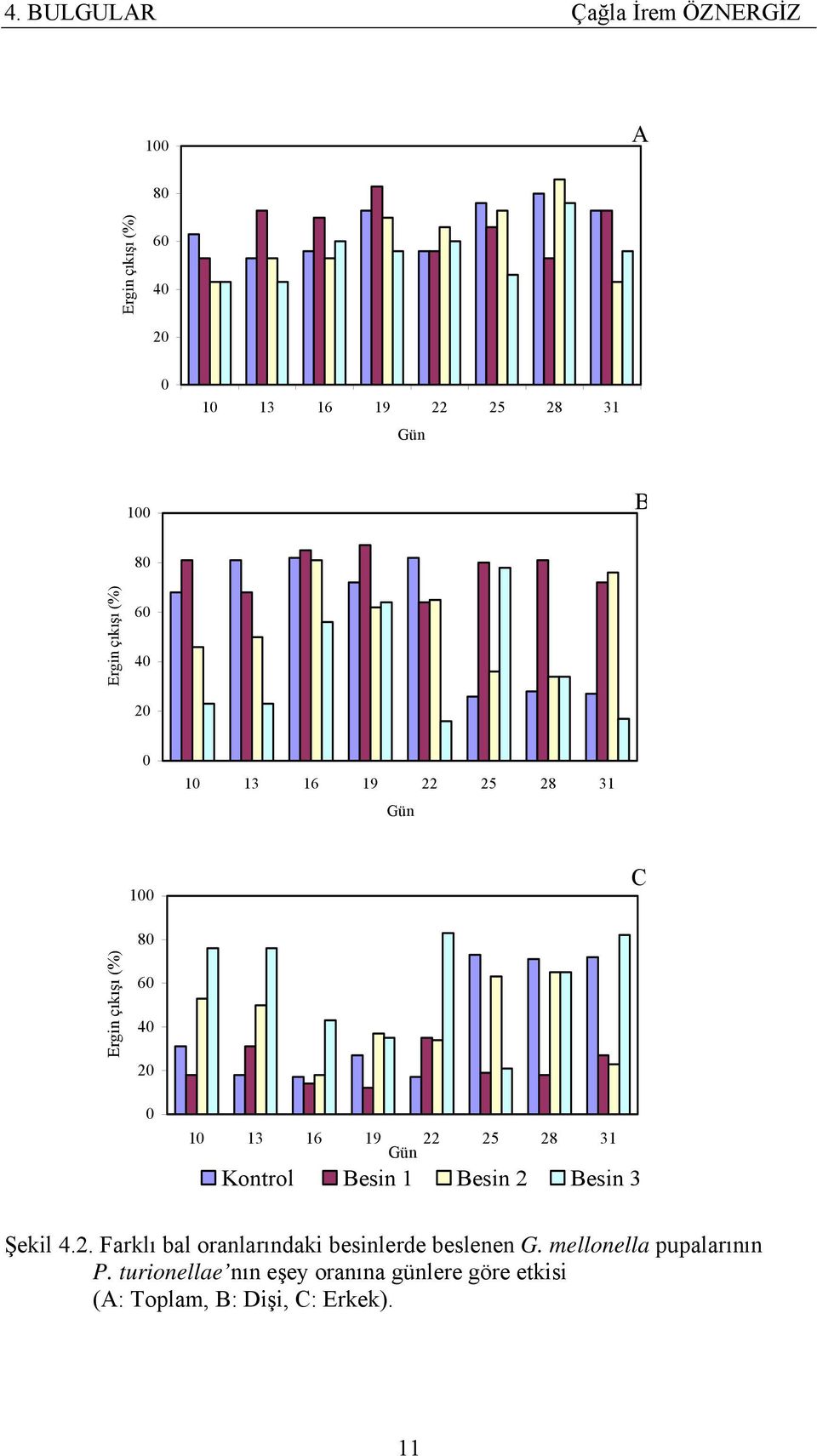 22 25 28 31 Gün Kontrol Besin 1 Besin 2 Besin 3 Şekil 4.2. Farklı bal oranlarındaki besinlerde beslenen G.