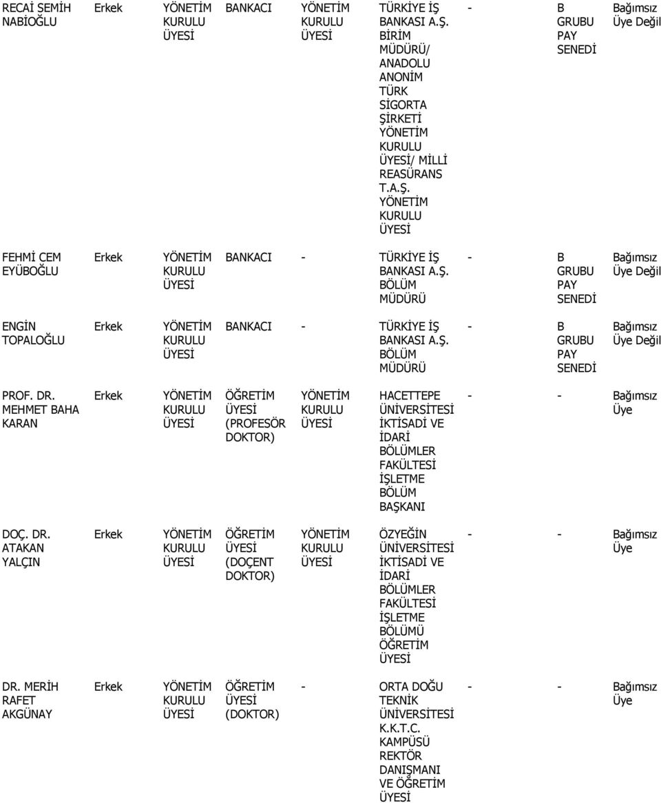 MEHMET BAHA KARAN (PROFESÖR DOKTOR) HACETTEPE ÜNİVERSİTESİ İKTİSADİ VE İDARİ BÖLÜMLER FAKÜLTESİ İŞLETME BÖLÜM - - Üye DOÇ. DR.