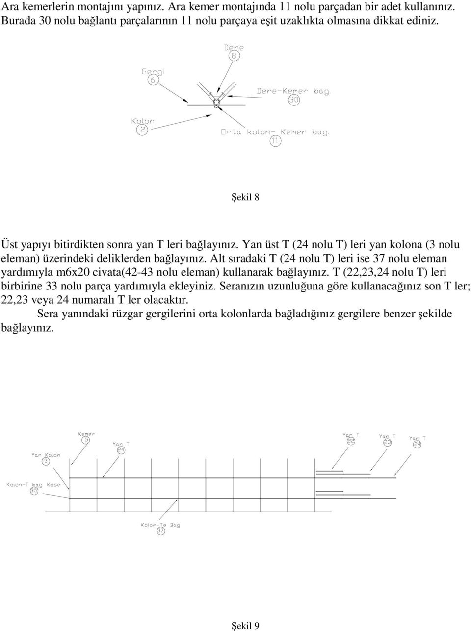 Yan üst T (24 nolu T) leri yan kolona (3 nolu eleman) üzerindeki deliklerden balayınız.