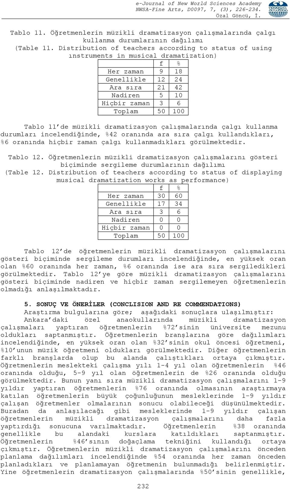 dramatizasyon çalışmalarında çalgı kullanma durumları incelendiğinde, %42 oranında ara sıra çalgı kullandıkları, %6 oranında hiçbir zaman çalgı kullanmadıkları görülmektedir. Tablo 12.