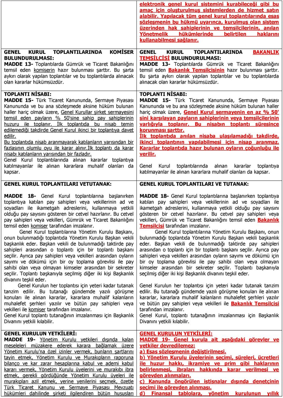 kullanabilmesi sağlanır. GENEL KURUL TOPLANTILARINDA KOMİSER BULUNDURULMASI: MADDE 13- Toplantılarda Gümrük ve Ticaret Bakanlığını temsil eden komiserin hazır bulunması şarttır.