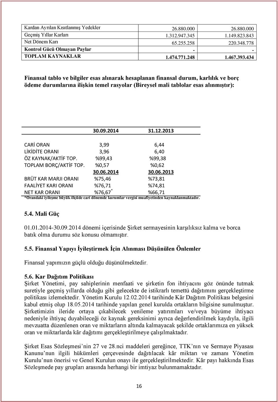 2014 31.12.2013 CARİ ORAN 3,99 6,44 LİKİDİTE ORANI 3,96 6,40 ÖZ KAYNAK/AKTİF TOP. %99,43 %99,38 TOPLAM BORÇ/AKTİF TOP. %0,57 %0,62 30.06.