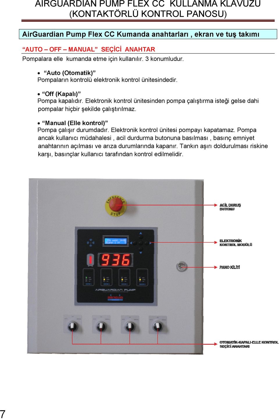 Elektronik kontrol ünitesinden pompa çalıştırma isteği gelse dahi pompalar hiçbir şekilde çalıştırılmaz. Manual (Elle kontrol) Pompa çalışır durumdadır.