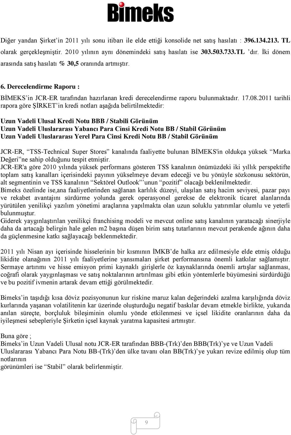 2011 tarihli rapora göre ŞİRKET in kredi notları aşağıda belirtilmektedir: Uzun Vadeli Ulusal Kredi Notu BBB / Stabili Görünüm Uzun Vadeli Uluslararası Yabancı Para Cinsi Kredi Notu BB / Stabil